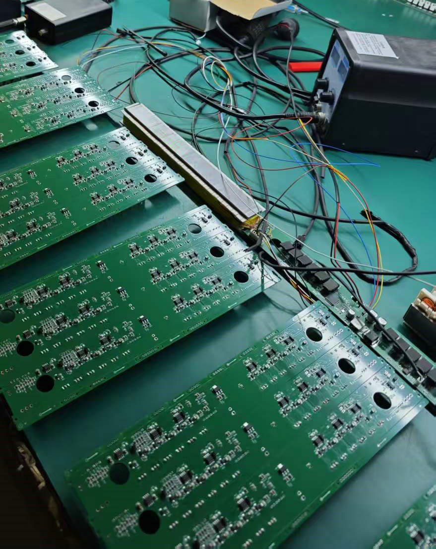 门机控制器板卡、测试仪表与线束调试工位实拍